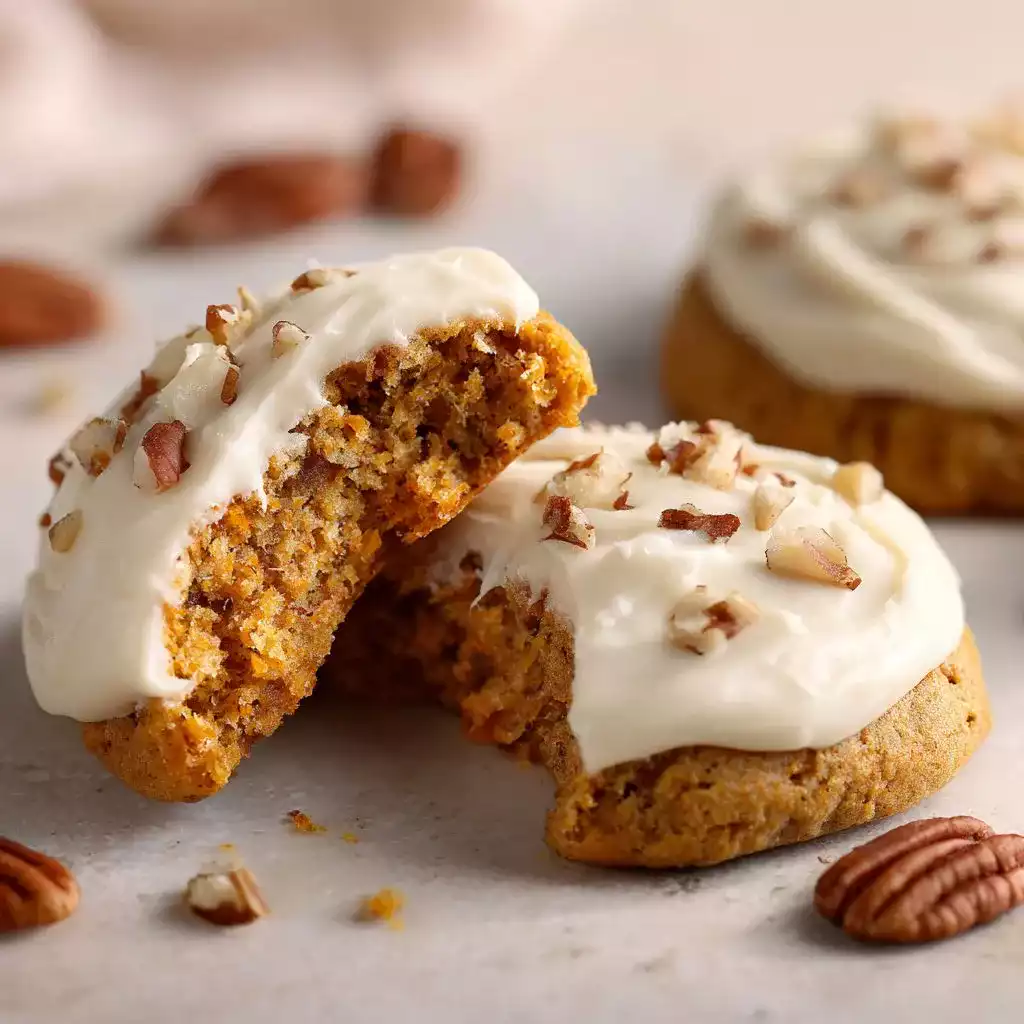 Soft carrot cake cookies stacked with creamy frosting and shredded carrot garnish