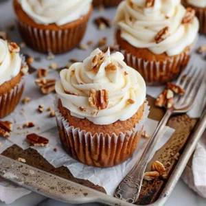 Gluten-free carrot cake cupcakes topped with cream cheese frosting and chopped pecans