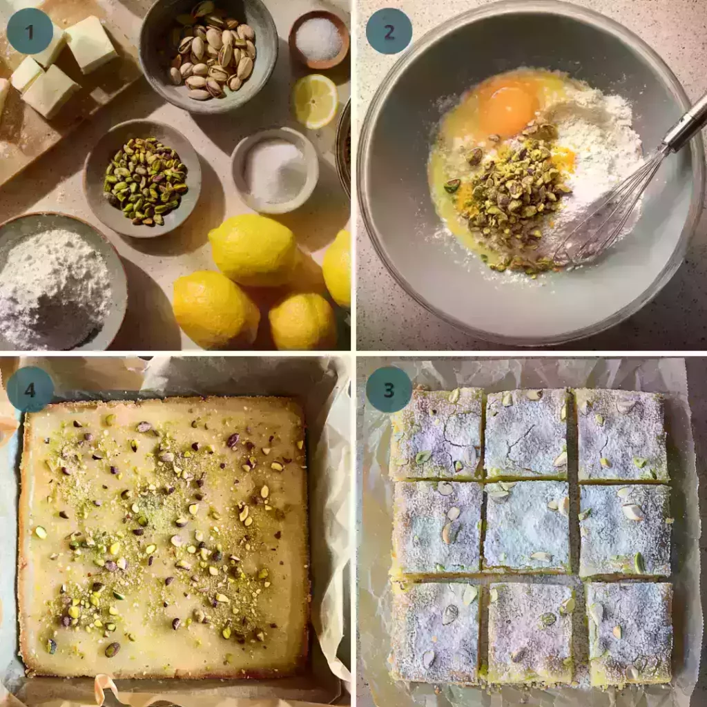 Step-by-step filling and slicing process for pistachio lemon bars