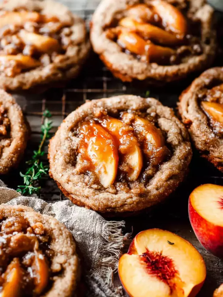 Peach Cobbler Cookies topped with caramelized peach slices and crumble