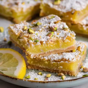 Pistachio lemon bars dusted with powdered sugar and topped with chopped pistachios