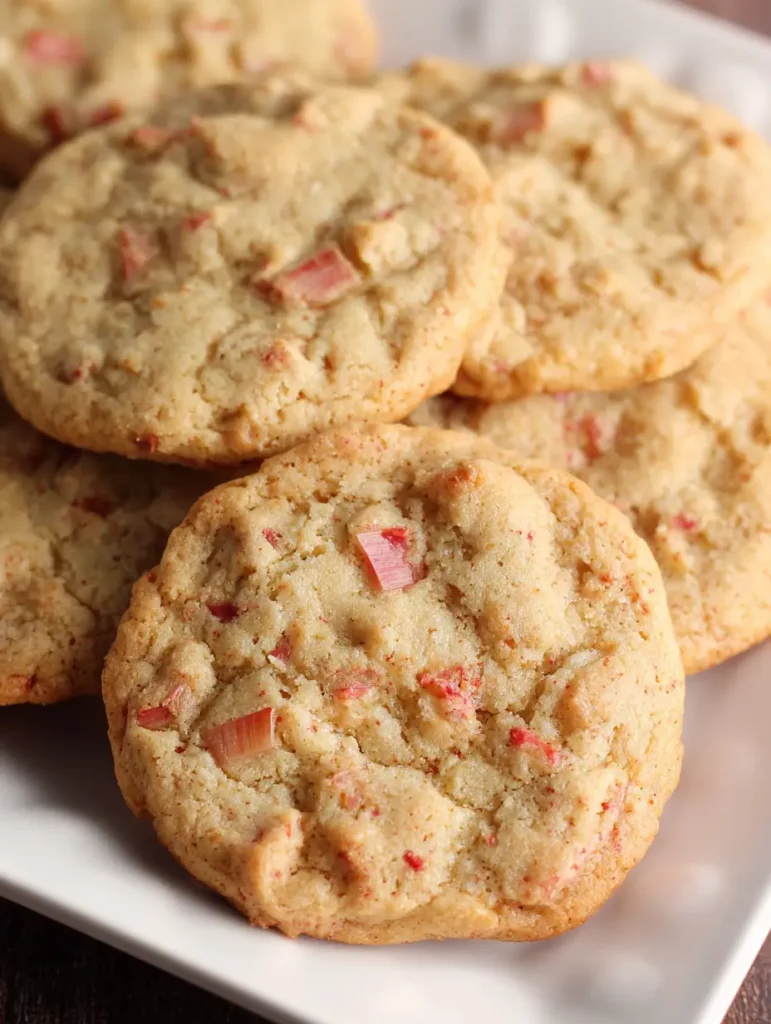 Golden brown rhubarb cookies with chunks of fresh rhubarb on a white plate