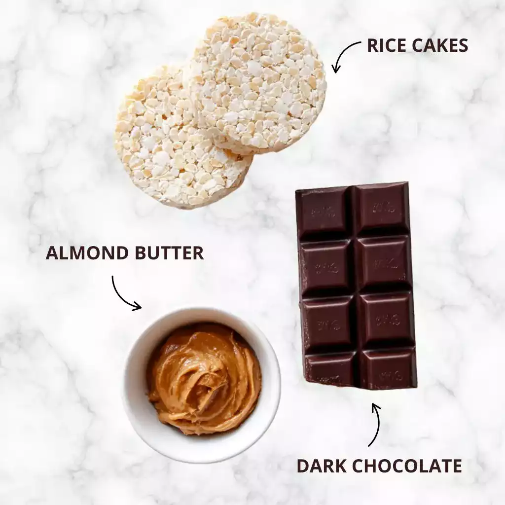 Ingredients for chocolate covered rice cakes on a flat surface
