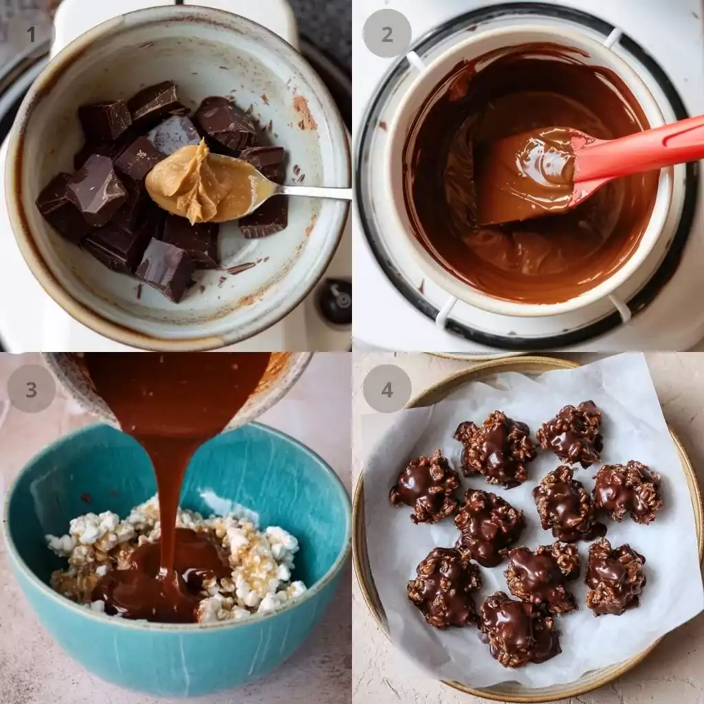 Step-by-step process of making rice chocolate cakes with melted chocolate and nut butter