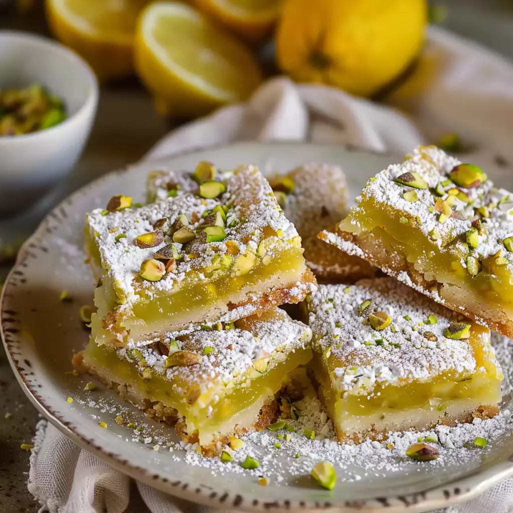 Pistachio lemon bars stacked on a plate with powdered sugar and pistachios