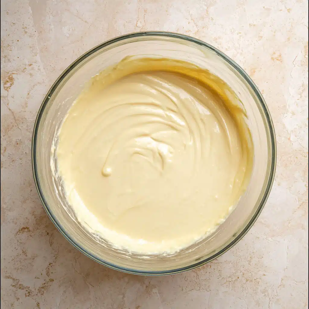 Creamy cheesecake batter in a glass bowl on a marble surface