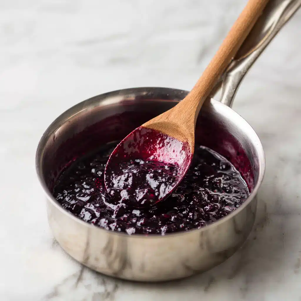 Homemade blueberry coffee syrup simmering in a saucepan with wooden spoon