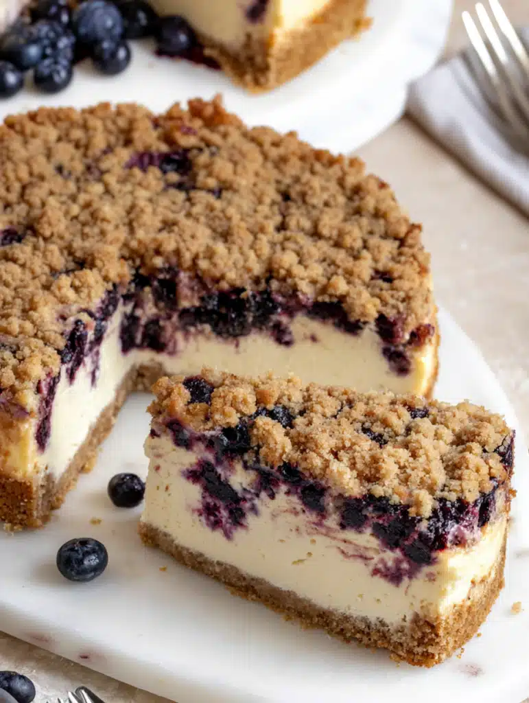 Close-up slice of blueberry crumble cheesecake with baked crumble topping and creamy filling