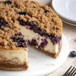 Slice of blueberry crumble cheesecake showing creamy filling and juicy berries