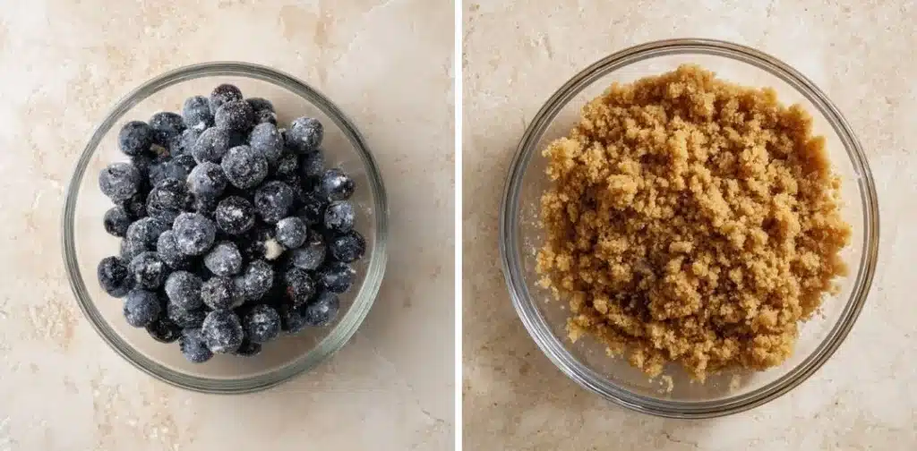 Glass bowls filled with sugared blueberries and brown sugar crumble topping for blueberry cheesecake