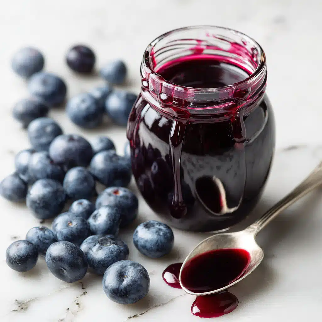 Close-up of homemade blueberry syrup in jar with spoon and berries