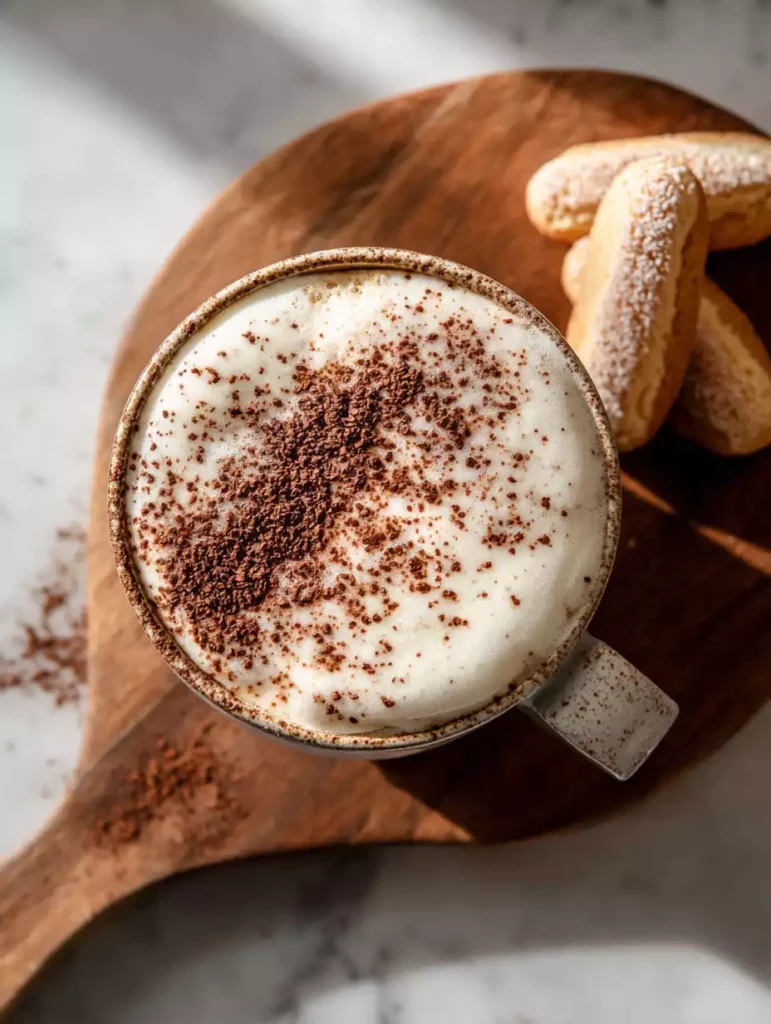 Overhead view of tiramisu latte topped with cocoa powder and served with ladyfingers