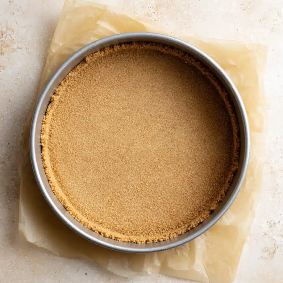 Buttery graham cracker crust pressed into a springform pan for cheesecake
