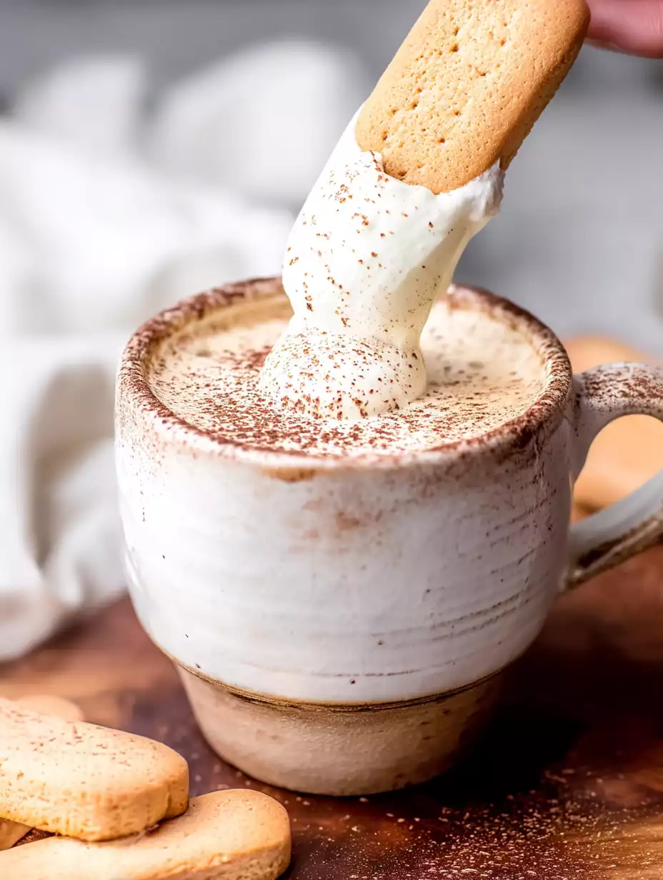 Creamy tiramisu latte topped with mascarpone foam, served with a ladyfinger cookie dipped in