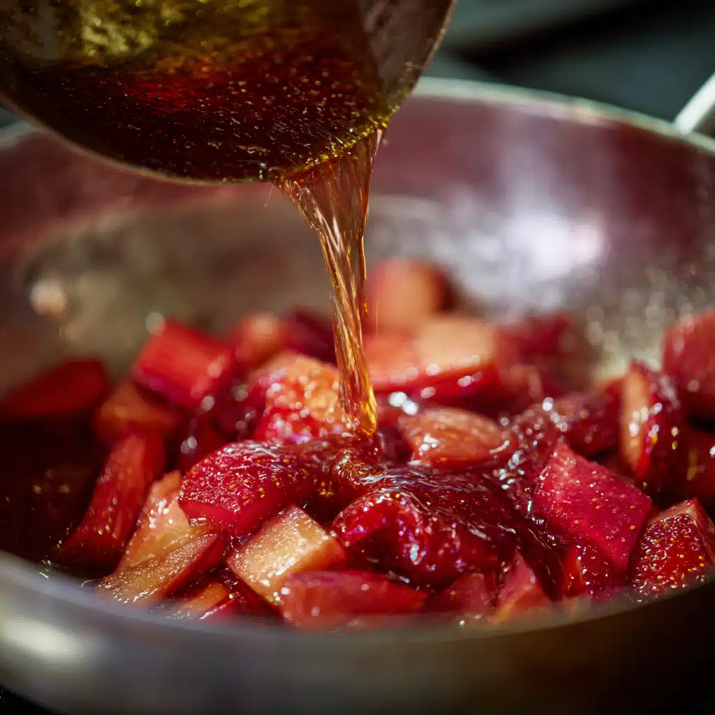 Hot pectin mixture being poured over simmered strawberries and rhubarb in a saucepan