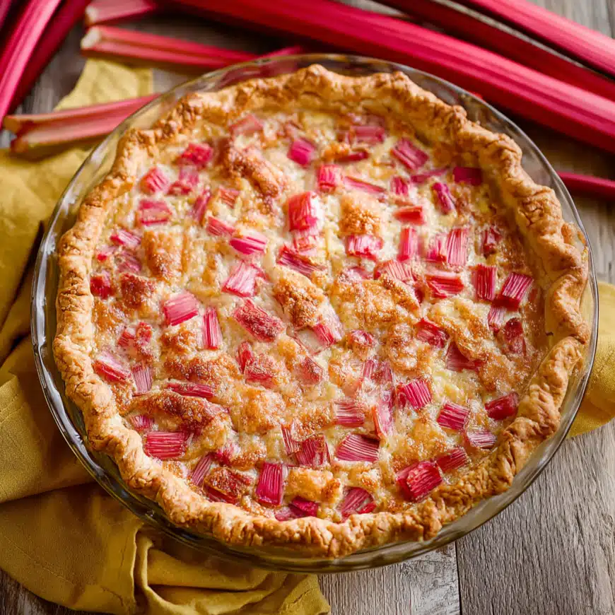 Overhead view of golden-brown rhubarb custard pie with vibrant red rhubarb pieces
