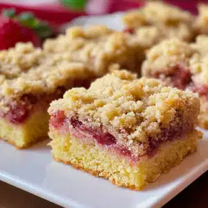 Close-up of strawberry rhubarb coffee cake slices with crumb topping