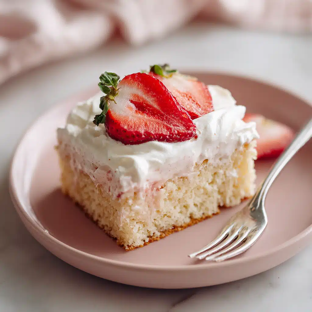 Strawberry Tres Leches Cake slice on a pink plate topped with whipped cream and strawberries