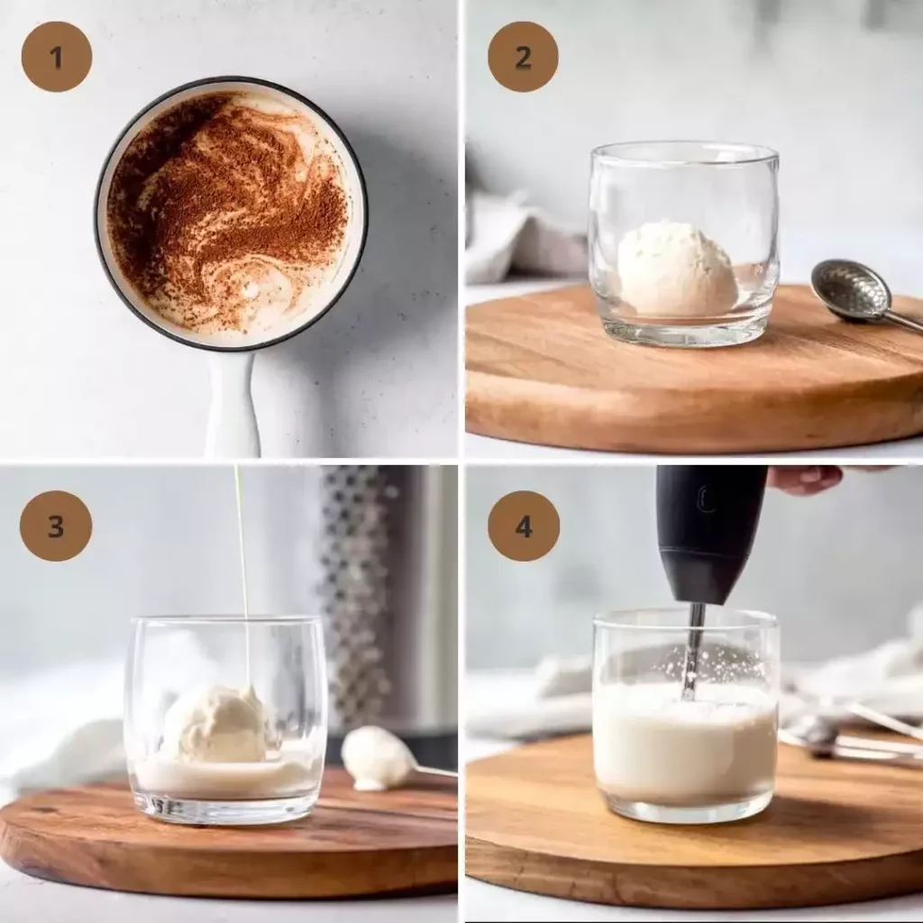 Step-by-step collage showing how to make a tiramisu latte with mascarpone cold foam
