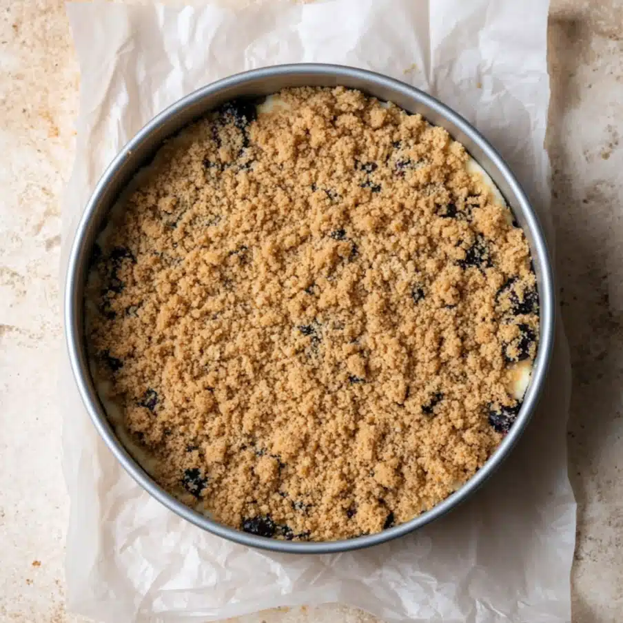 Unbaked blueberry cheesecake topped with brown sugar crumble in a springform pan