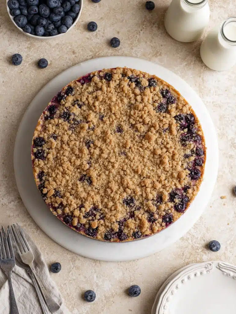 Whole blueberry crumble cheesecake topped with golden crumb topping on a marble platter
