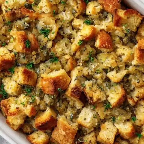 Buttery Herb Stuffing with crispy top and fresh parsley garnish.
