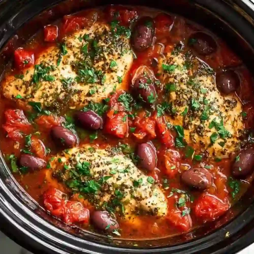 slow cooker mediterranean chicken with tomatoes, kalamata olives, herbs, and garlic in rich tomato sauce
