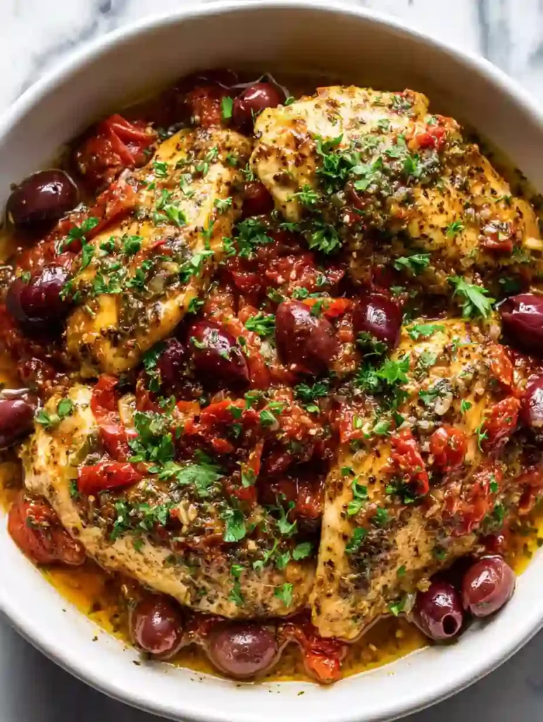 slow cooker mediterranean chicken served with roasted tomatoes olives garlic and fresh parsley