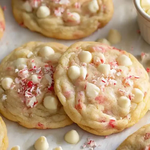 Chewy white chocolate peppermint cookies with crushed candy canes and white chips—an easy and festive Christmas treat.