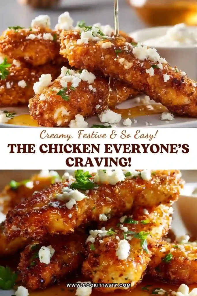 crispy chicken tenders topped with crumbled feta and honey drizzle, garnished with parsley
