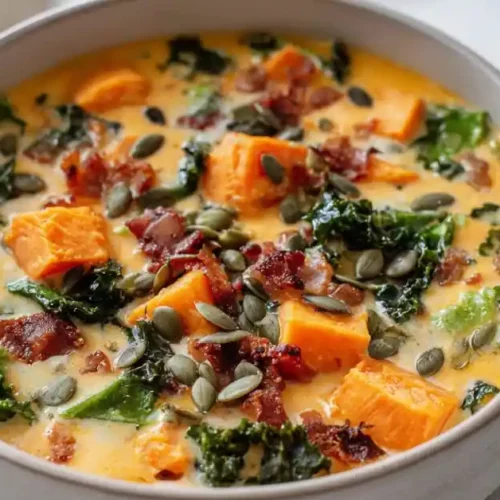 Bowl of creamy sweet potato chowder with kale, bacon, and pumpkin seeds on a white background.