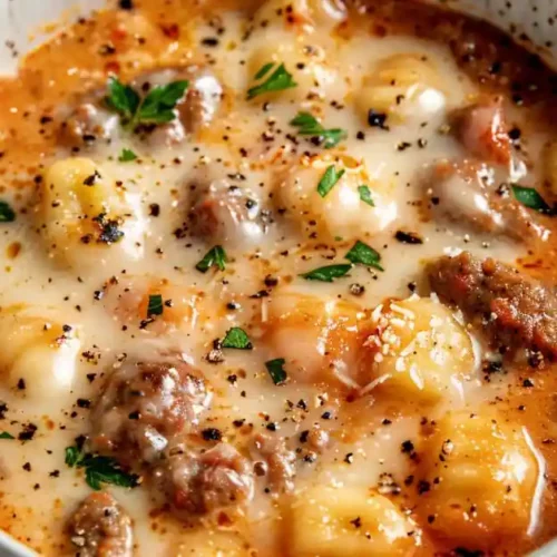 italian sausage gnocchi soup with tomato, melted cheese, and herbs in a speckled bowl