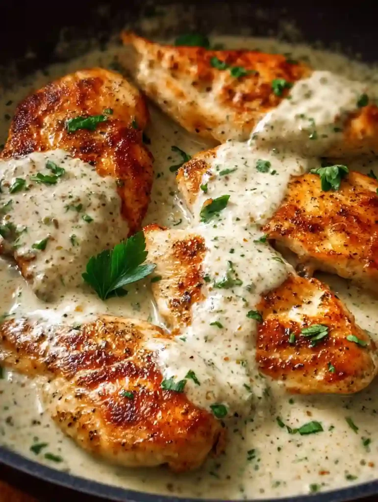 Golden pan-seared chicken breasts in creamy ranch sauce with herbs and parsley