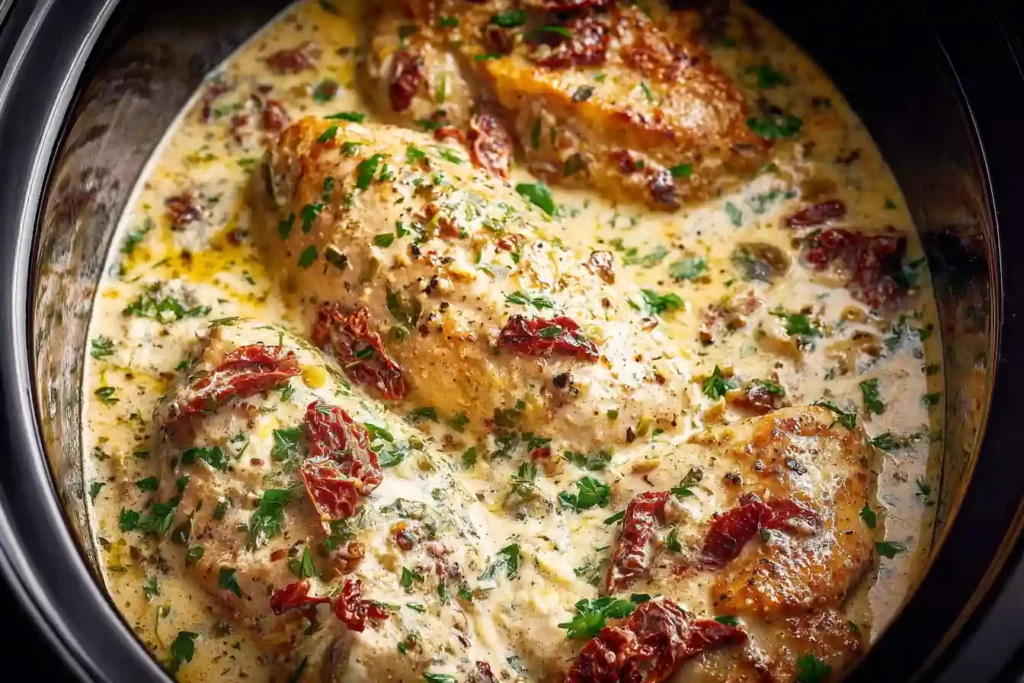 creamy slow cooker chicken with sun-dried tomatoes and herbs in rich garlic parmesan sauce