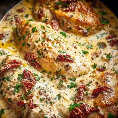 creamy slow cooker chicken with sun-dried tomatoes and herbs in rich garlic parmesan sauce