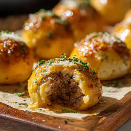 golden garlic parmesan cheeseburger bombs with butter and herbs, one with melted cheese and beef filling exposed