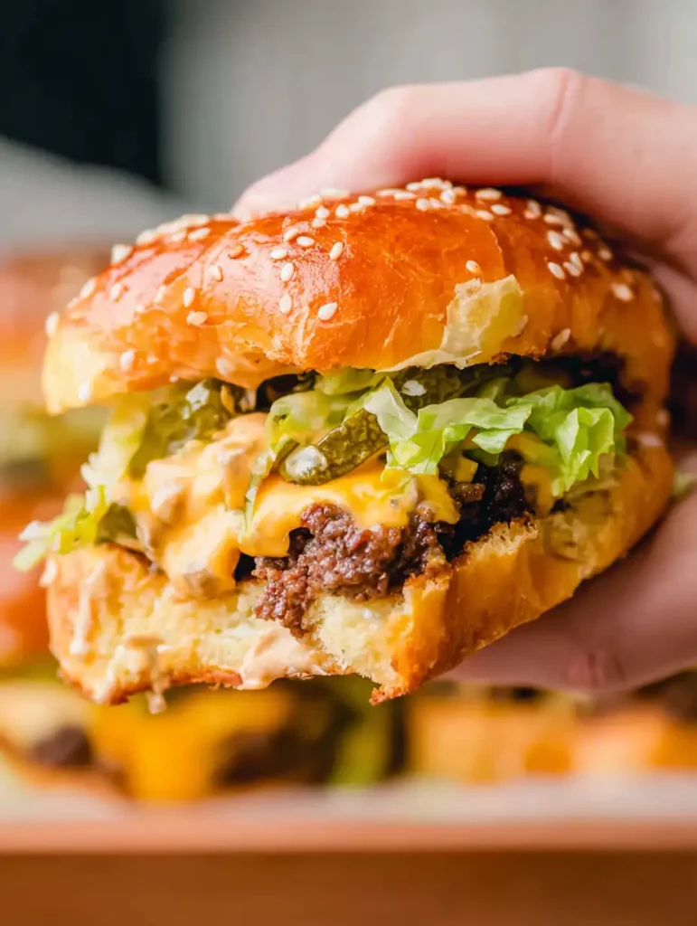 Big Mac slider on wooden board with ground beef, cheddar, lettuce, and sesame bun