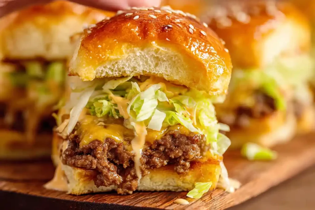 hand holding juicy Big Mac slider with sesame bun, lettuce, pickles, and melted cheese