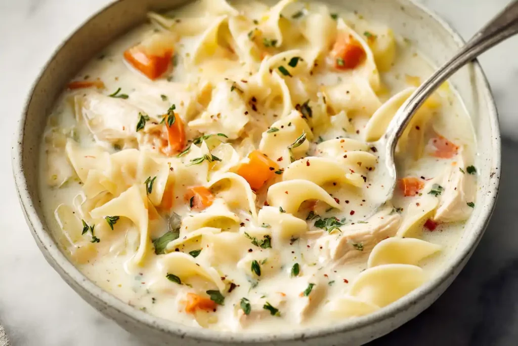 Close-up of a creamy chicken noodle soup served in a rustic bowl with carrots, herbs, and a spoon