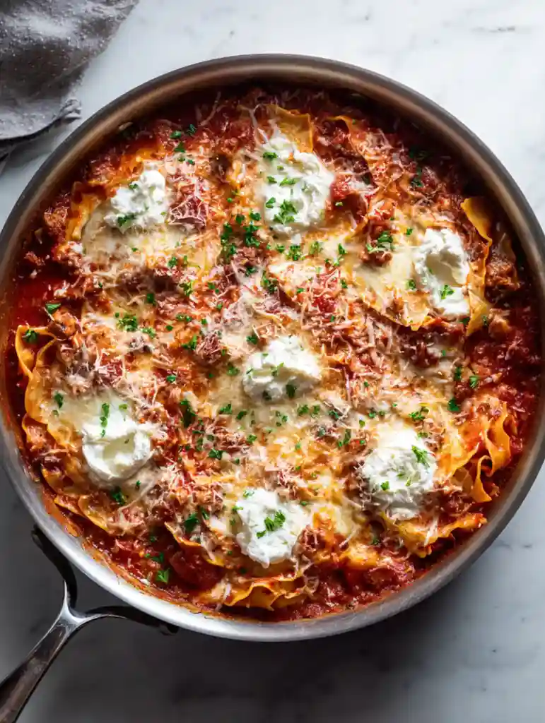 classic skillet lasagna with melted cheese and rich tomato meat sauce