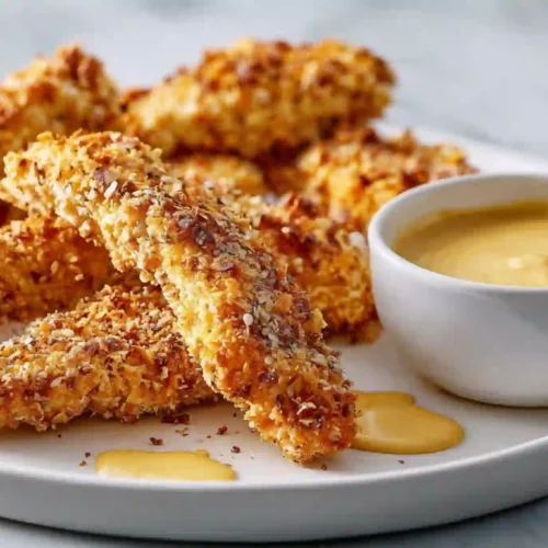cheesy pretzel-crusted chicken fingers with creamy honey mustard dip on a plate