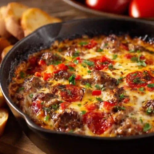 Hot Italian cheese dip in a cast iron skillet with pepperoni, sausage, melted cheese, and toasted baguette slices
