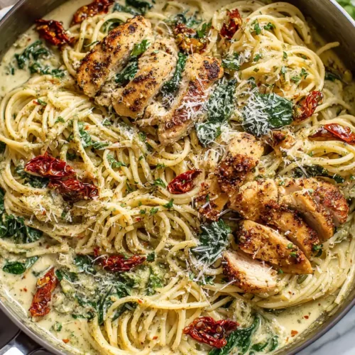 Creamy chicken pesto pasta with spinach and sun-dried tomatoes in skillet