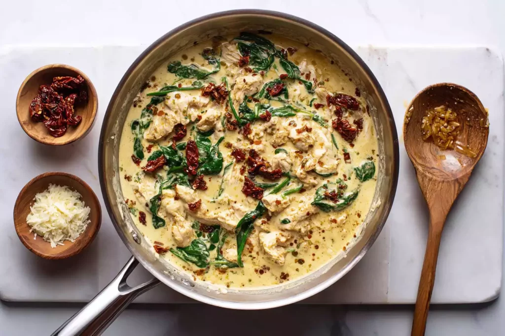 Creamy chicken pesto sauce with spinach and sun-dried tomatoes in a skillet