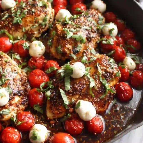 Balsamic glazed one pan chicken thighs with cherry tomatoes, fresh mozzarella balls, and chopped basil in a skillet
