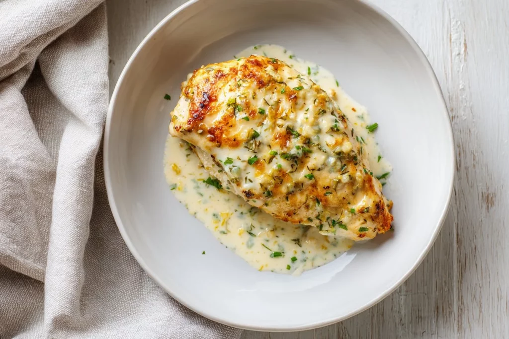 Delicious Greek Yogurt Parmesan Chicken garnished with fresh herbs