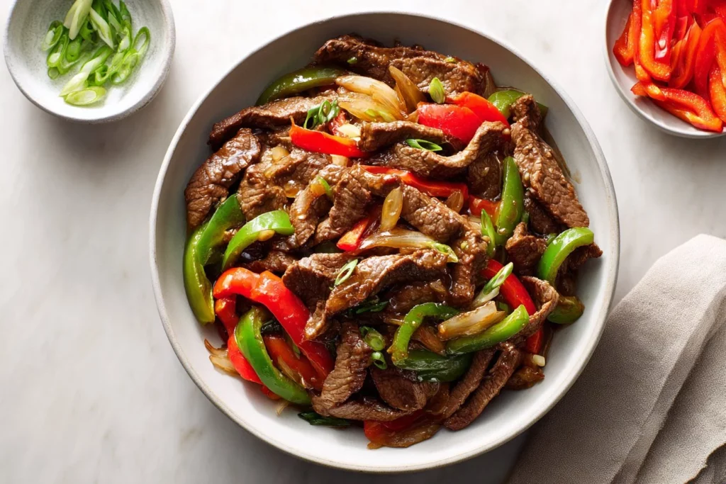 30-Minute Pepper Steak Stir Fry served with colorful vegetables