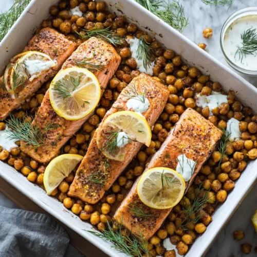 Baked Mediterranean Salmon with herbs and vegetables on a plate