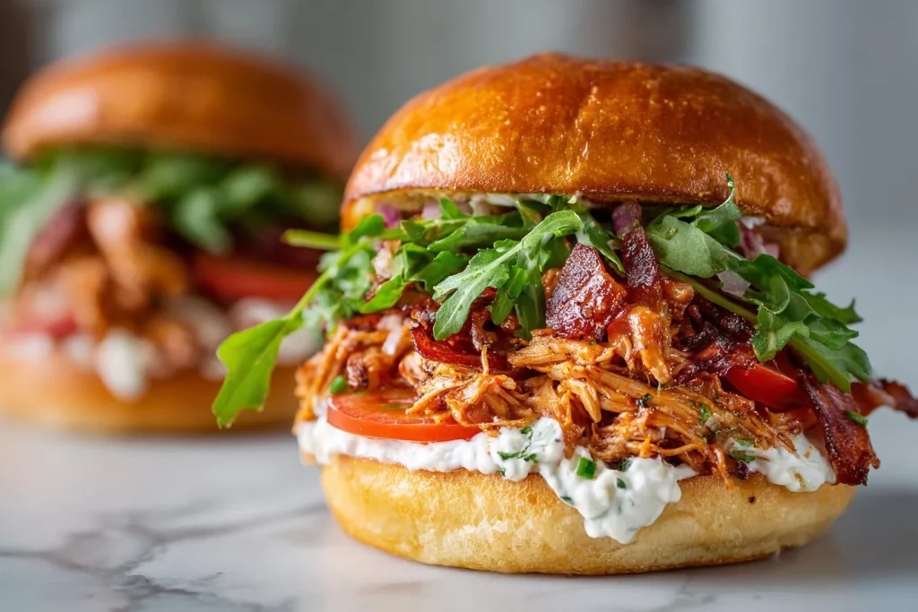 Delicious BBQ Chicken BLT sandwich with smoky chicken, crispy bacon, and fresh toppings.