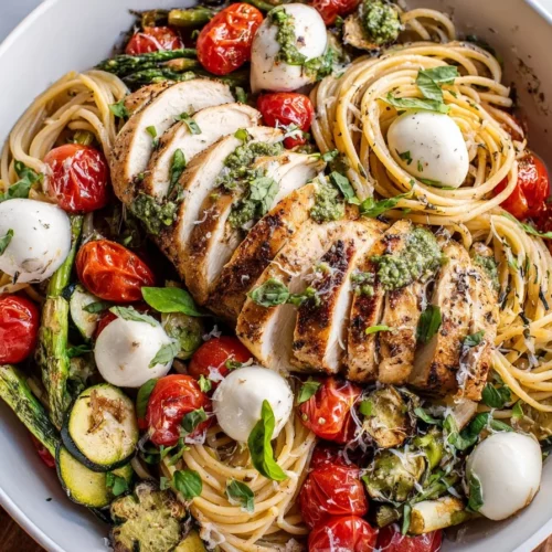 Plate of Caprese Chicken Pasta with roasted vegetables and fresh basil